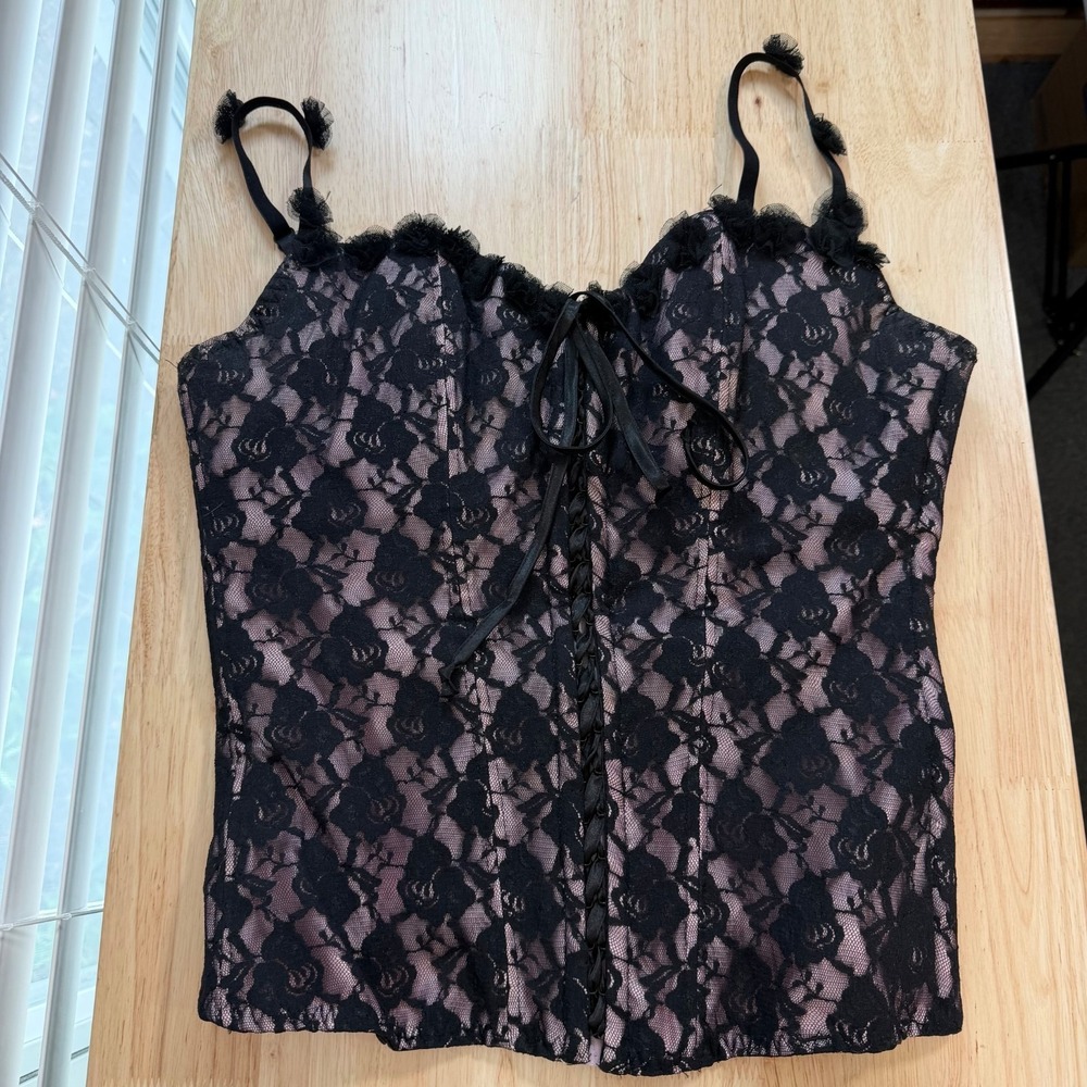 Fredericks of Hollywood Bustier Corset Women's Pink Black Lace Tie Front Top 31"